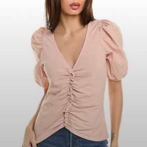 Nation LTD Giada Gathered V Neck Top Short Puff Sleeves Blush Color Size XS